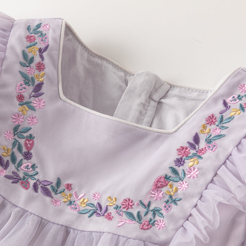 فستان أميرة شبكي للفتيات الصغيرات بكم طويل وياقة مربعة باللون البنفسجي الفاتح لفصلي الربيع والخريف