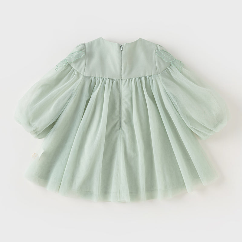 فستان بنات بأكمام طويلة من التول باللون الأخضر المائي بأكمام على شكل فانوس تصميم أميري