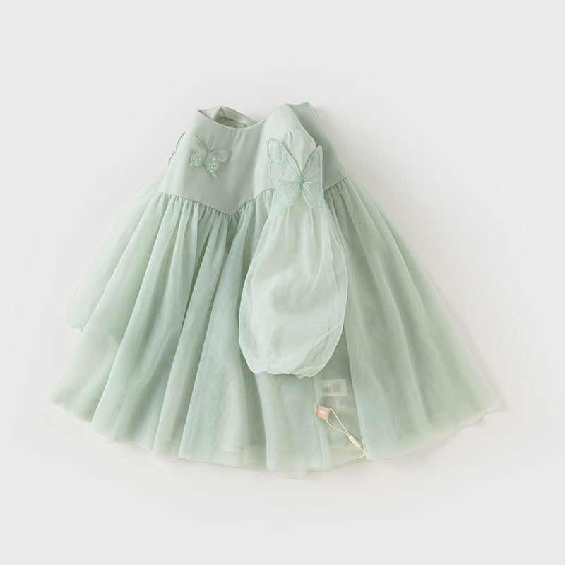 فستان بنات بأكمام طويلة من التول باللون الأخضر المائي بأكمام على شكل فانوس تصميم أميري