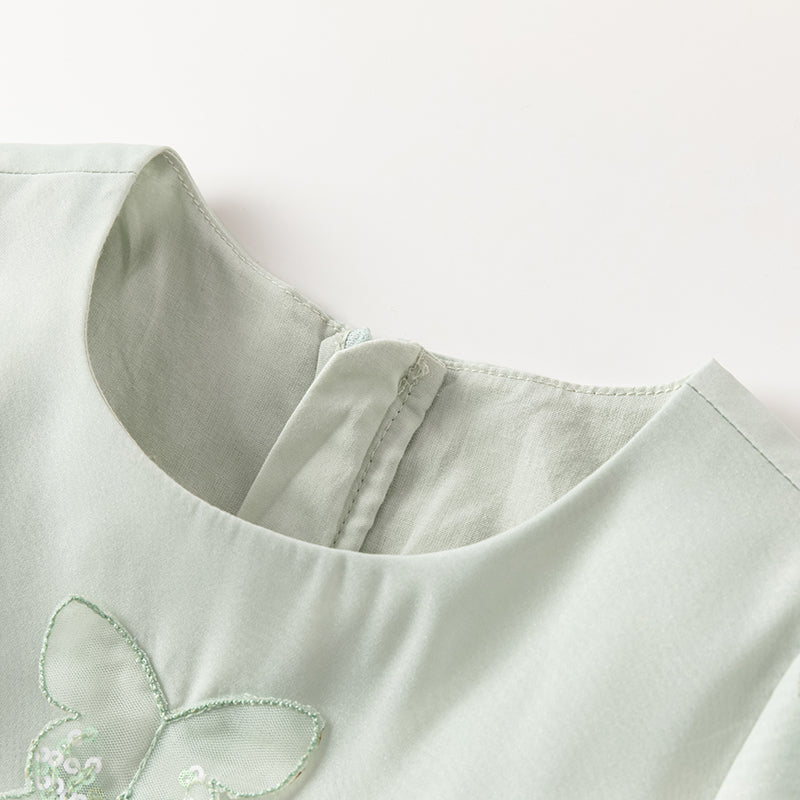 فستان بنات بأكمام طويلة من التول باللون الأخضر المائي بأكمام على شكل فانوس تصميم أميري