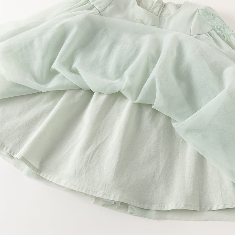 فستان بنات بأكمام طويلة من التول باللون الأخضر المائي بأكمام على شكل فانوس تصميم أميري