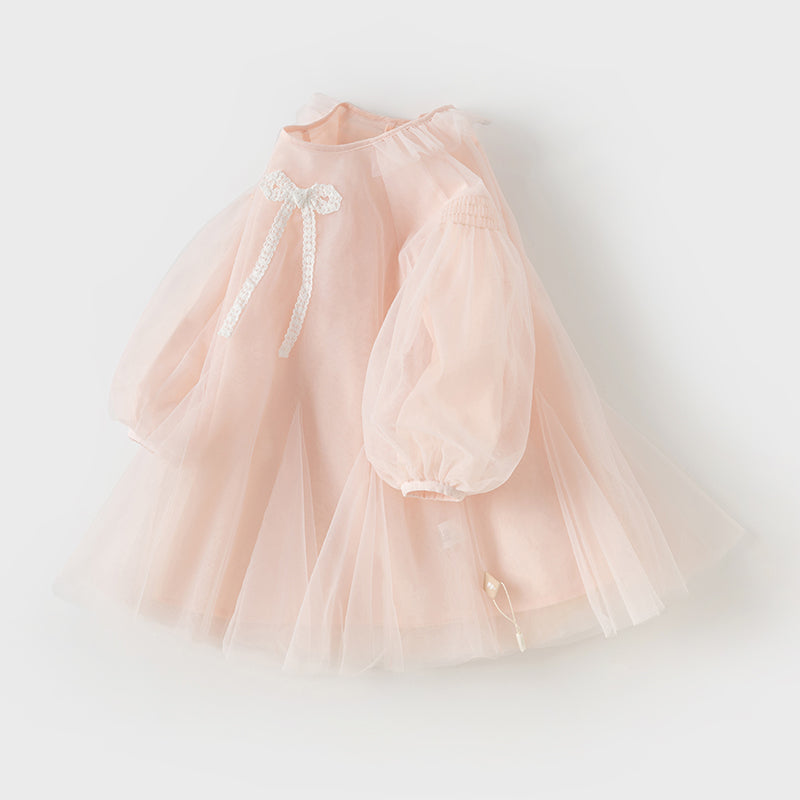 فستان بنات طويل الأكمام من التول باللون الوردي بأسلوب بسيط وناعم