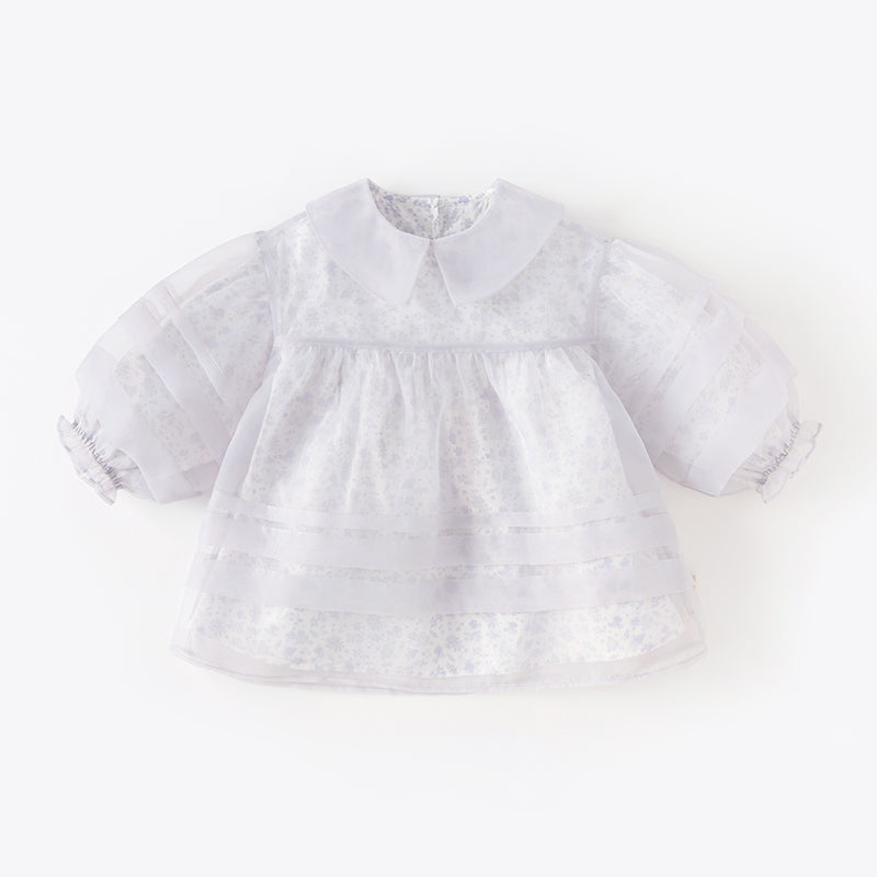 فستان بنات طويل الأكمام من التول باللون البنفسجي الغباري بأسلوب أميرة