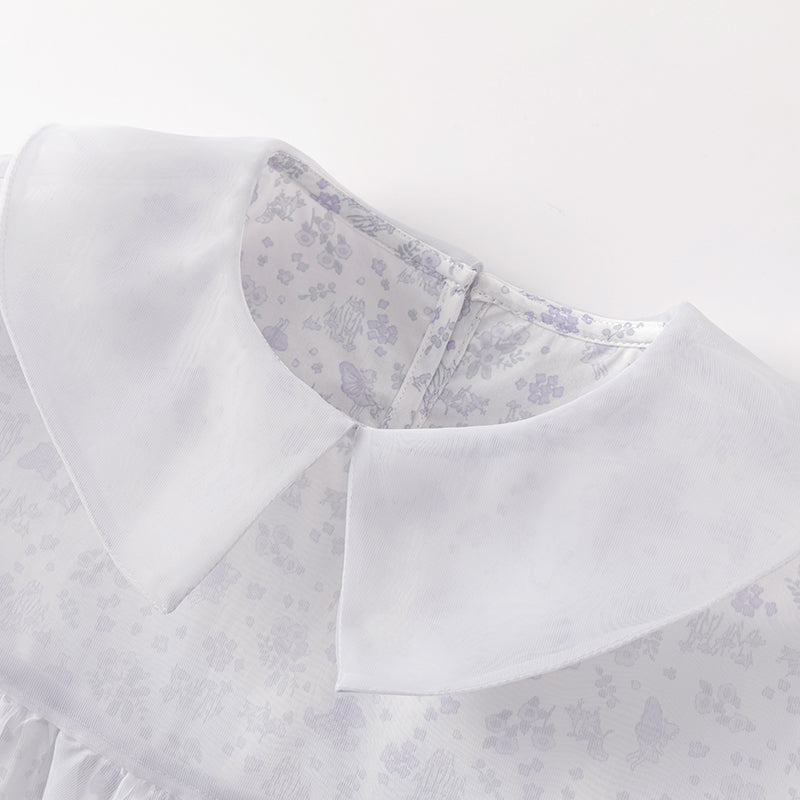 فستان بنات طويل الأكمام من التول باللون البنفسجي الغباري بأسلوب أميرة