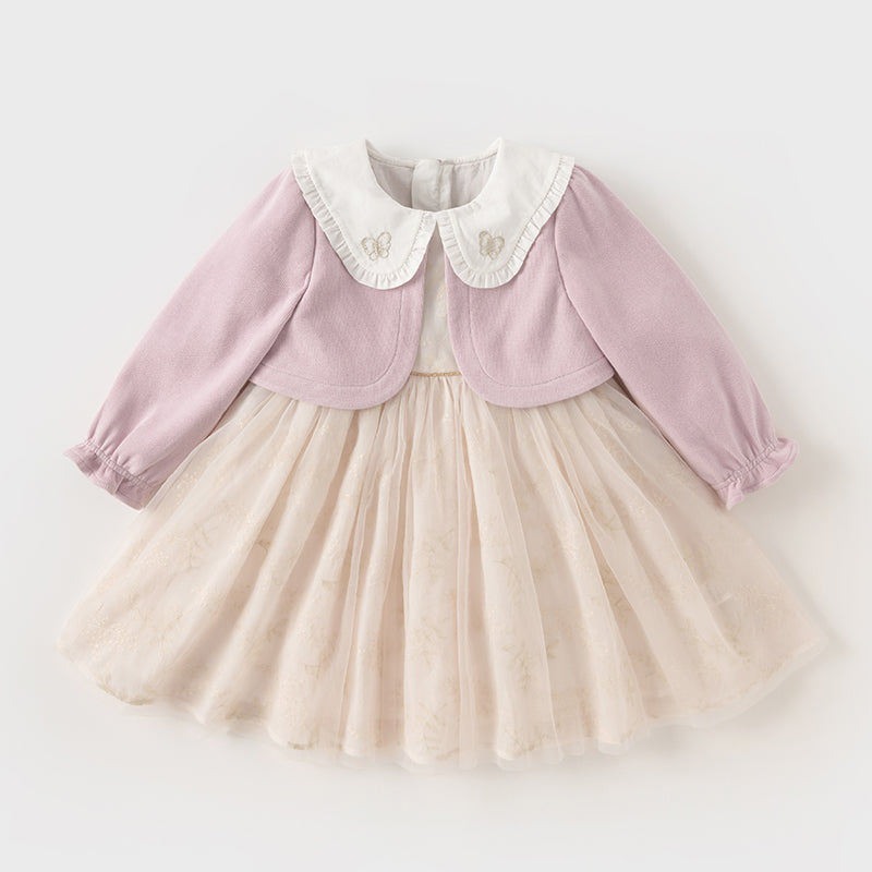 فستان بنات طويل الأكمام بقماش محاك باللون البنفسجي الغباري مع تنورة تول بأسلوب أميرة