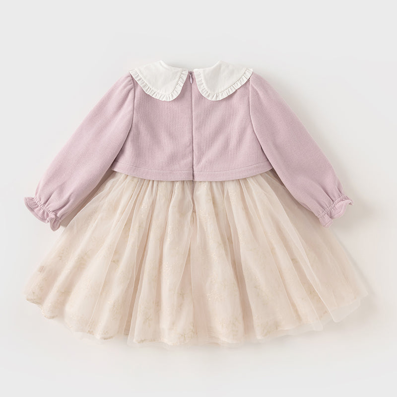 فستان بنات طويل الأكمام بقماش محاك باللون البنفسجي الغباري مع تنورة تول بأسلوب أميرة