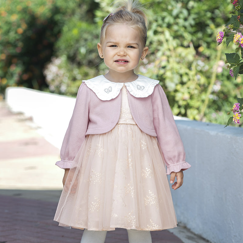 فستان بنات طويل الأكمام بقماش محاك باللون البنفسجي الغباري مع تنورة تول بأسلوب أميرة