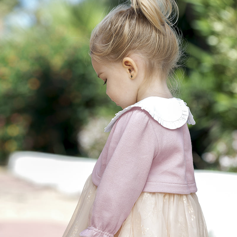 فستان بنات طويل الأكمام بقماش محاك باللون البنفسجي الغباري مع تنورة تول بأسلوب أميرة