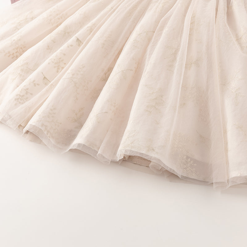 فستان بنات طويل الأكمام بقماش محاك باللون البنفسجي الغباري مع تنورة تول بأسلوب أميرة