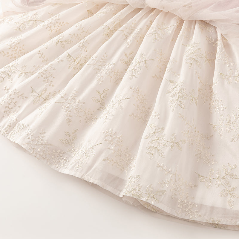 فستان بنات طويل الأكمام بقماش محاك باللون البنفسجي الغباري مع تنورة تول بأسلوب أميرة