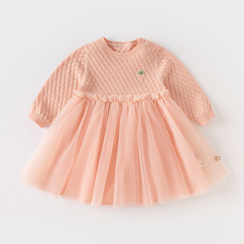 فستان بنات طويل الأكمام باللون الوردي الفاتح مع قماش محبوك وتنورة تول بأسلوب أميرة