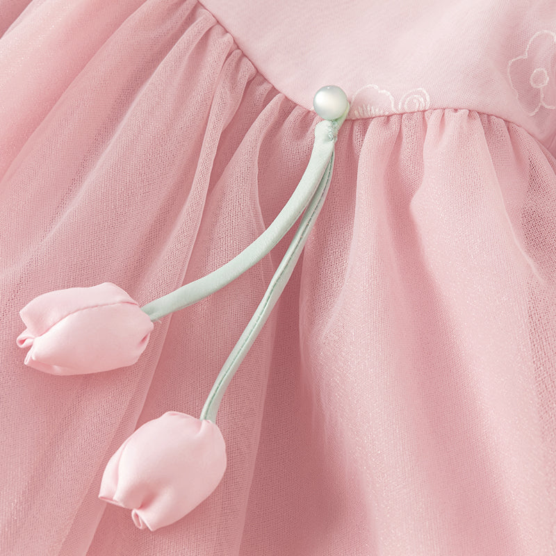 فستان للبنات الصغيرات من التول الوردي بأكمام طويلة بتصميم صيني مع تطريز (يشمل قطعة زينة)