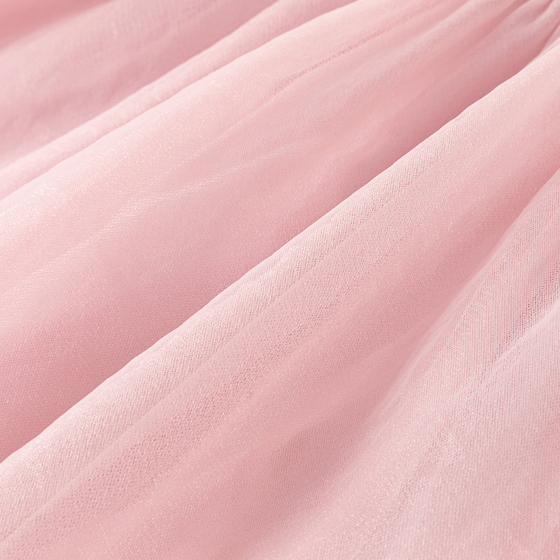 فستان للبنات الصغيرات من التول الوردي بأكمام طويلة بتصميم صيني مع تطريز (يشمل قطعة زينة)