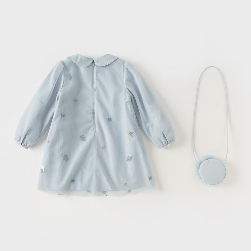 فستان بنات طويل الأكمام من التول باللون الرمادي الأزرق بأسلوب صيني عصري