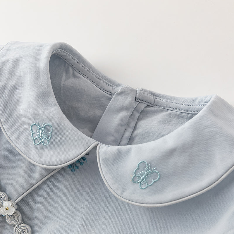 فستان بنات طويل الأكمام من التول باللون الرمادي الأزرق بأسلوب صيني عصري