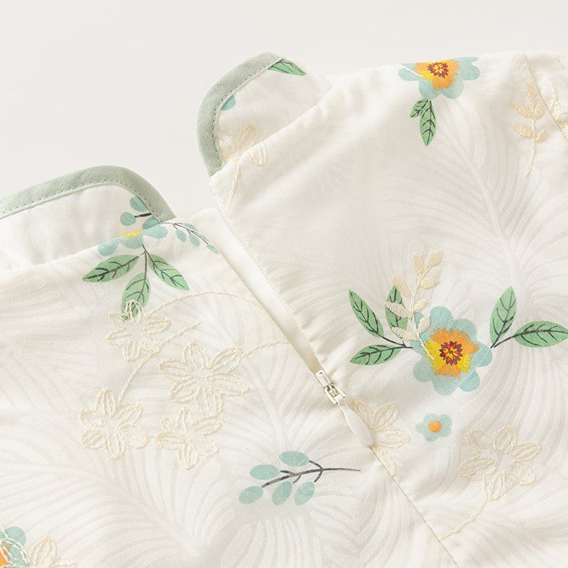 فستان بنات طويل الأكمام من التول باللون الأخضر الرمادي بأسلوب صيني عصري (يشمل زينة تدلي من الخيوط الصينية)