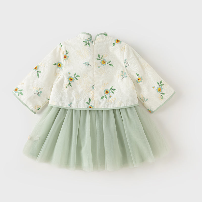 فستان بنات طويل الأكمام من التول باللون الأخضر الرمادي بأسلوب صيني عصري (يشمل زينة تدلي من الخيوط الصينية)