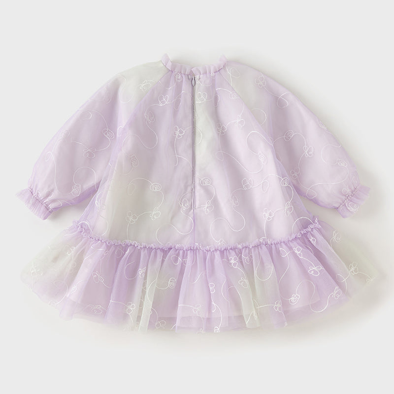 فستان بنات طويل الأكمام من التول باللون البنفسجي مع تطريز دقيق، أسلوب غير رسمي