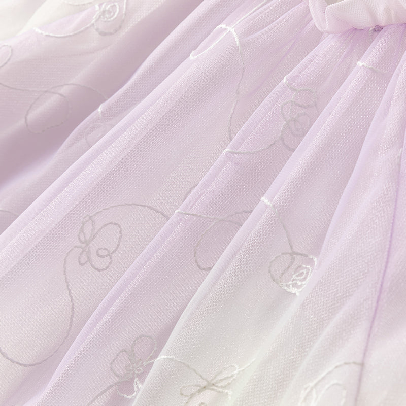 فستان بنات طويل الأكمام من التول باللون البنفسجي مع تطريز دقيق، أسلوب غير رسمي