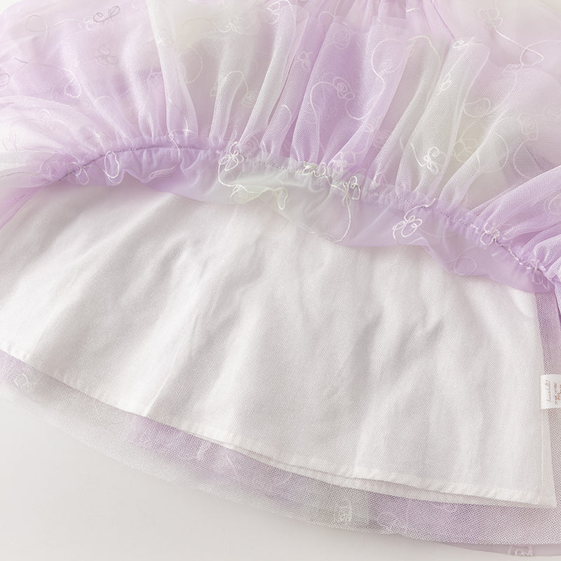 فستان بنات طويل الأكمام من التول باللون البنفسجي مع تطريز دقيق، أسلوب غير رسمي