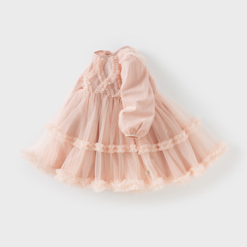 فستان أميرة للبنات الصغيرات بأكمام طويلة من التول الوردي بتصميم رومانسي مزين بحواف دانتيل