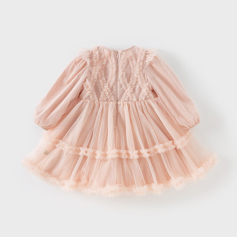 فستان أميرة للبنات الصغيرات بأكمام طويلة من التول الوردي بتصميم رومانسي مزين بحواف دانتيل