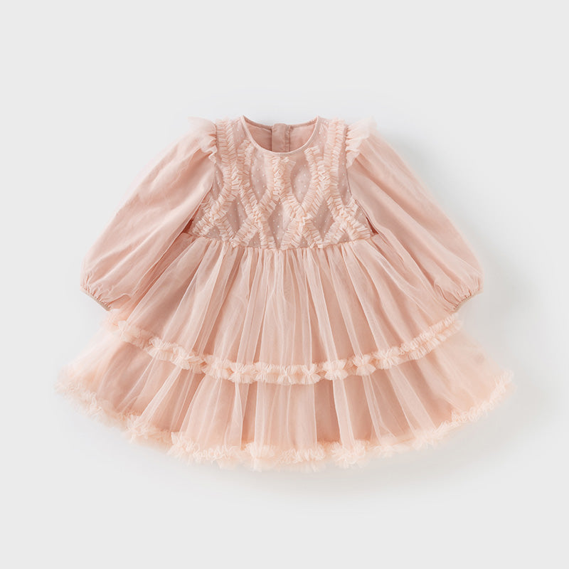 فستان أميرة للبنات الصغيرات بأكمام طويلة من التول الوردي بتصميم رومانسي مزين بحواف دانتيل