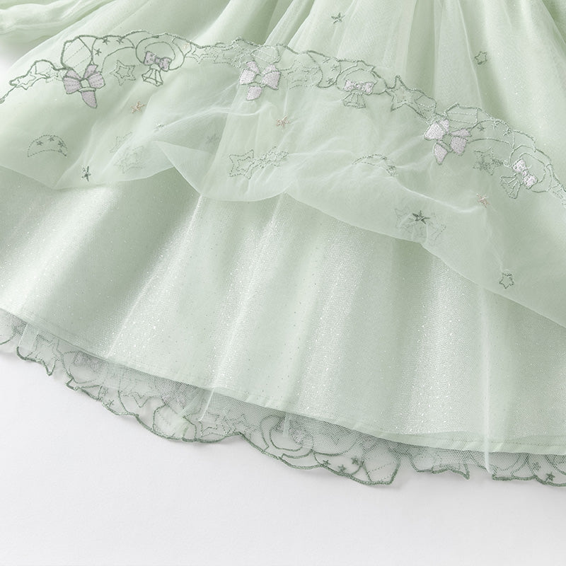 فستان بنات بأكمام طويلة من التول أخضر زنابق الوادي مزين بتطريز أنيق تصميم أميري