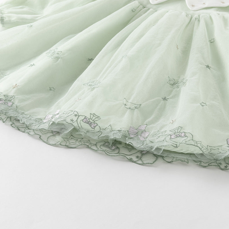 فستان بنات بأكمام طويلة من التول أخضر زنابق الوادي مزين بتطريز أنيق تصميم أميري