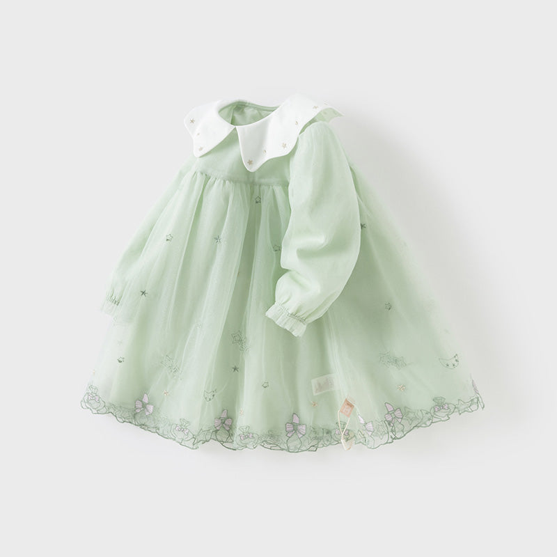 فستان بنات بأكمام طويلة من التول أخضر زنابق الوادي مزين بتطريز أنيق تصميم أميري