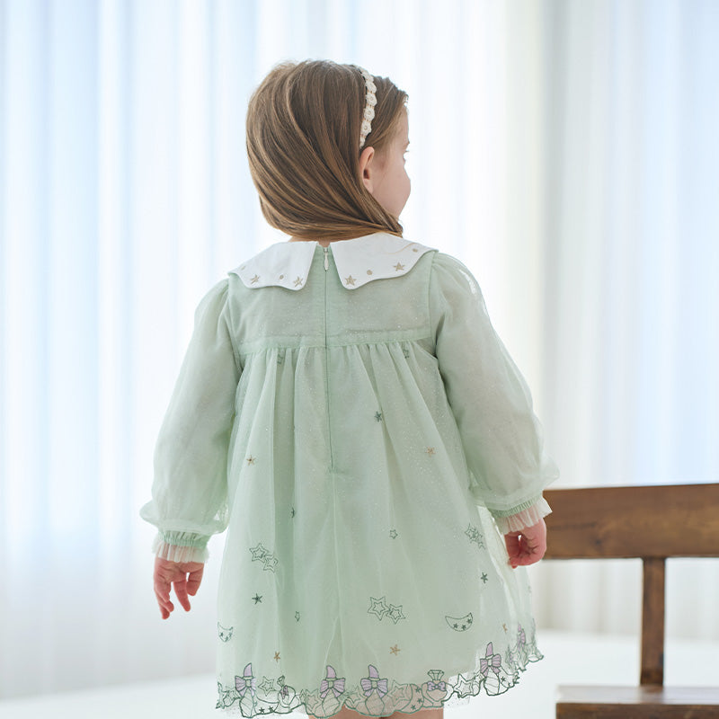 فستان بنات بأكمام طويلة من التول أخضر زنابق الوادي مزين بتطريز أنيق تصميم أميري