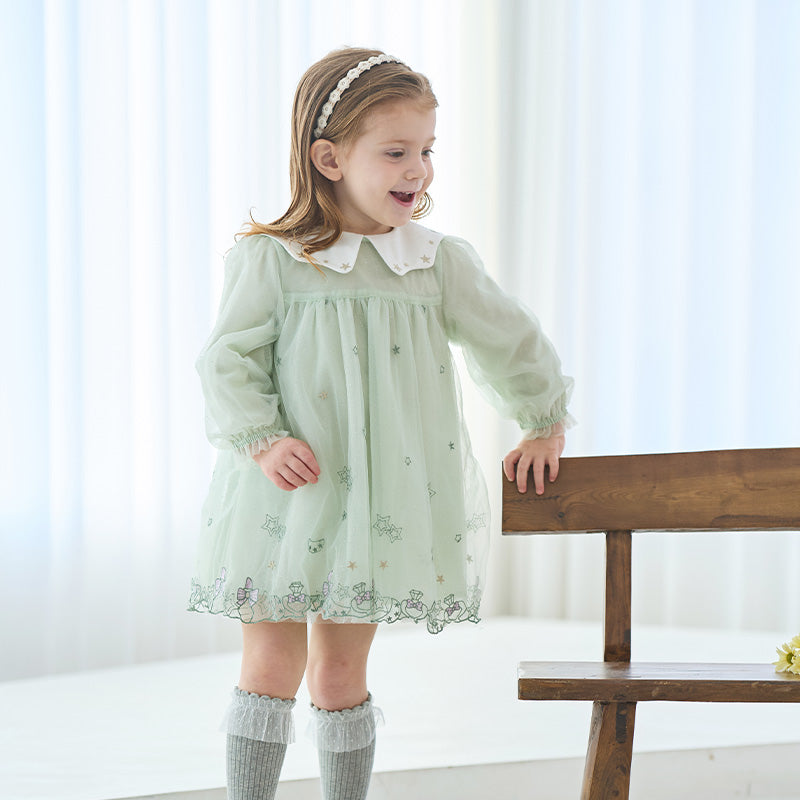 فستان بنات بأكمام طويلة من التول أخضر زنابق الوادي مزين بتطريز أنيق تصميم أميري