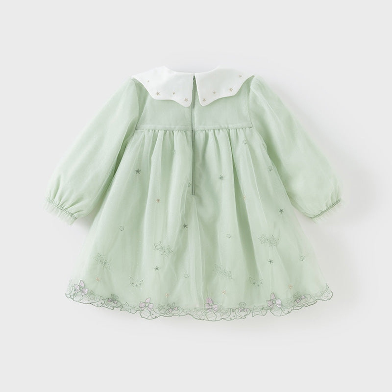 فستان بنات بأكمام طويلة من التول أخضر زنابق الوادي مزين بتطريز أنيق تصميم أميري