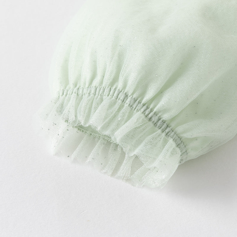 فستان بنات بأكمام طويلة من التول أخضر زنابق الوادي مزين بتطريز أنيق تصميم أميري