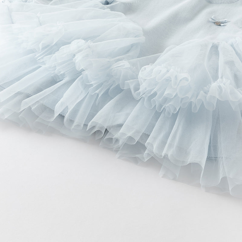 فستان بنات بأكمام طويلة أزرق فاتح مزيج تريكو وتول تنورة تول دانتيل تصميم أميري