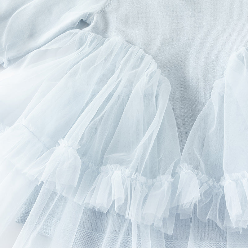 فستان بنات بأكمام طويلة أزرق فاتح مزيج تريكو وتول تنورة تول دانتيل تصميم أميري