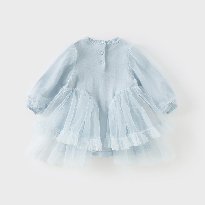 فستان بنات بأكمام طويلة أزرق فاتح مزيج تريكو وتول تنورة تول دانتيل تصميم أميري