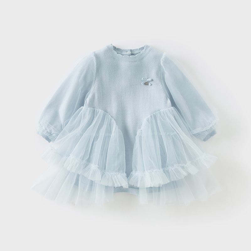 فستان بنات بأكمام طويلة أزرق فاتح مزيج تريكو وتول تنورة تول دانتيل تصميم أميري