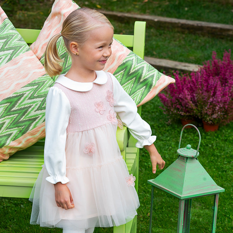 فستان بنات بأكمام طويلة باللون الوردي الرمادي بقماش التويد الكلاسيكي مع تنورة تول بتصميم أنيق