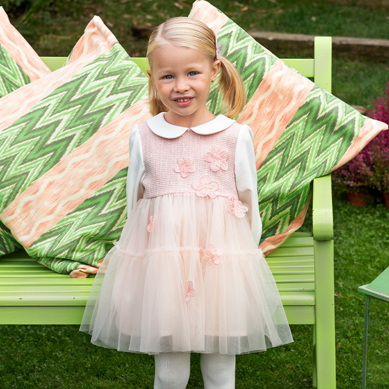 فستان بنات بأكمام طويلة باللون الوردي الرمادي بقماش التويد الكلاسيكي مع تنورة تول بتصميم أنيق