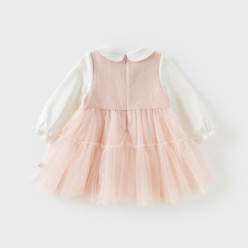 فستان بنات بأكمام طويلة باللون الوردي الرمادي بقماش التويد الكلاسيكي مع تنورة تول بتصميم أنيق