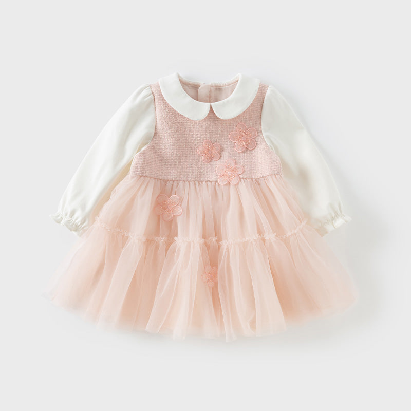 فستان بنات بأكمام طويلة باللون الوردي الرمادي بقماش التويد الكلاسيكي مع تنورة تول بتصميم أنيق