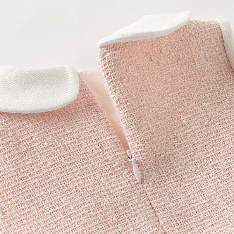 فستان بنات بأكمام طويلة باللون الوردي الرمادي بقماش التويد الكلاسيكي مع تنورة تول بتصميم أنيق