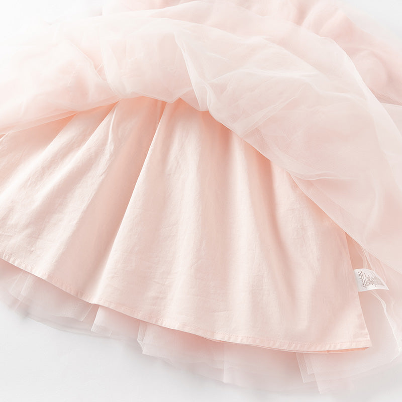 فستان بنات طويل الأكمام من قماش محبوك وردي مع تنورة تول بأسلوب أميرة