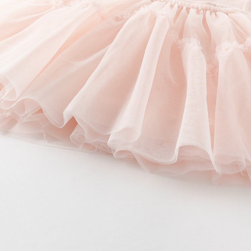 فستان بنات طويل الأكمام من قماش محبوك وردي مع تنورة تول بأسلوب أميرة