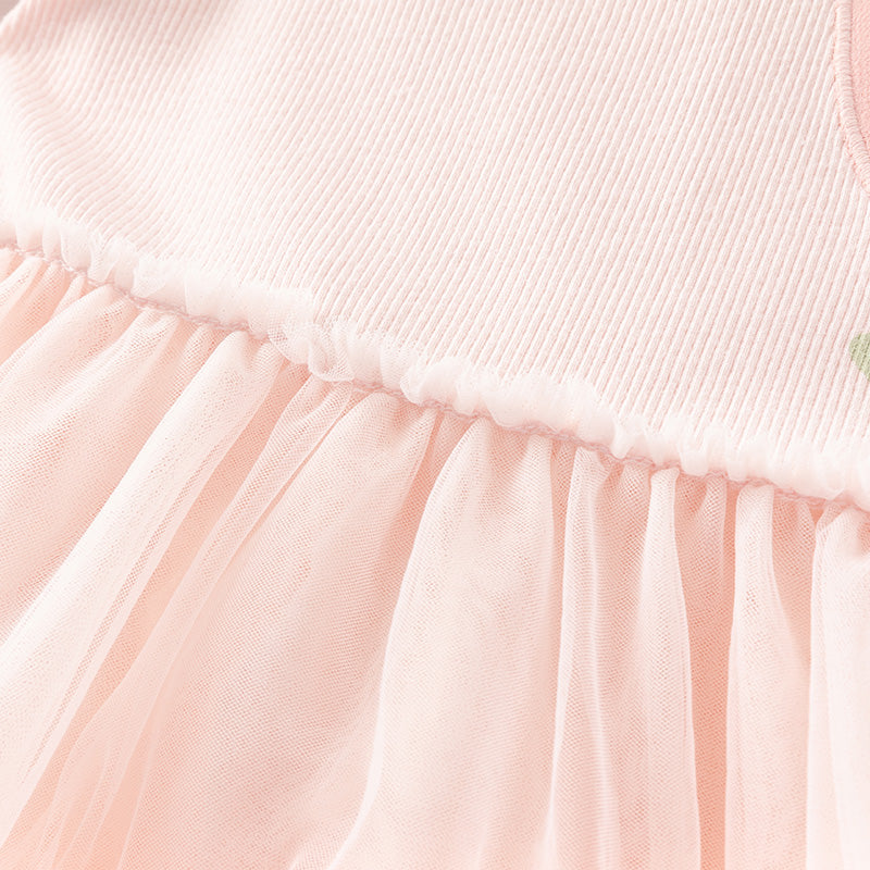 فستان بنات طويل الأكمام من قماش محبوك وردي مع تنورة تول بأسلوب أميرة