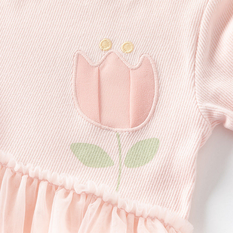 فستان بنات طويل الأكمام من قماش محبوك وردي مع تنورة تول بأسلوب أميرة