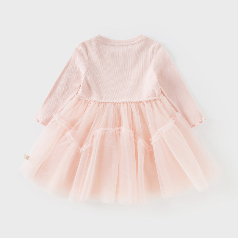 فستان بنات طويل الأكمام من قماش محبوك وردي مع تنورة تول بأسلوب أميرة