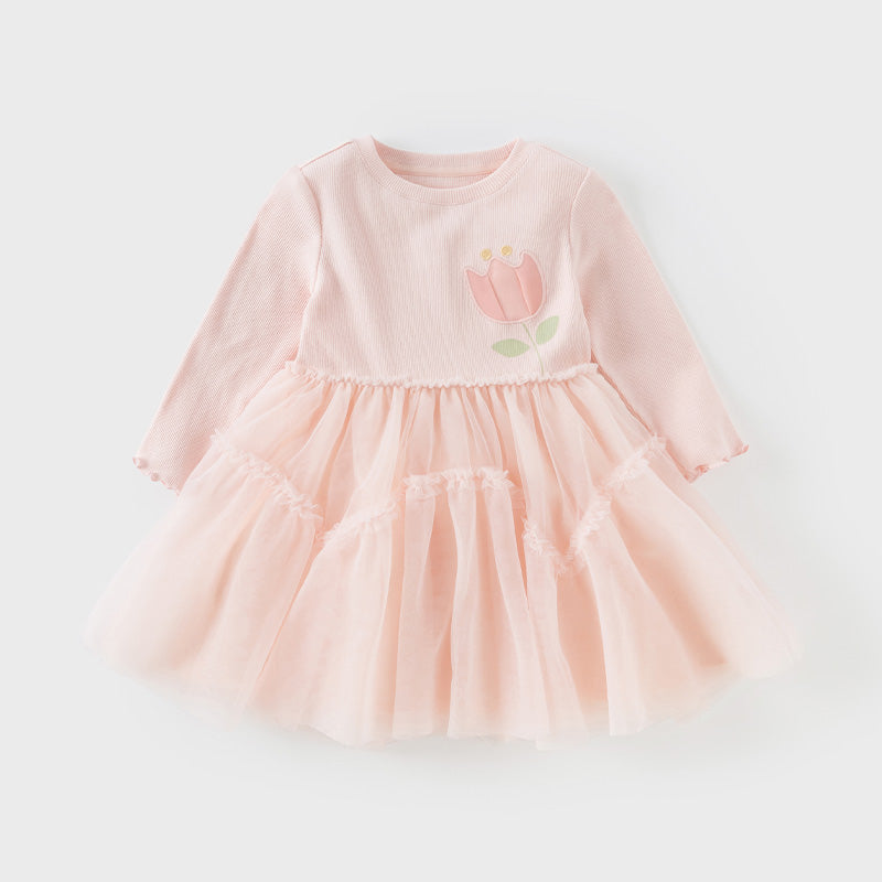 فستان بنات طويل الأكمام من قماش محبوك وردي مع تنورة تول بأسلوب أميرة