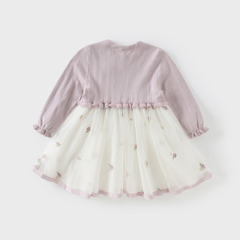 فستان للأطفال بأكمام طويلة من التريكو الأرجواني مع تنورة من التول، بطابع ناعم ومنعش